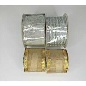 Lot 4 Vintage NOS Ribbon Rolls Wire Edge Gold Silver Metallic Wreaths Craft